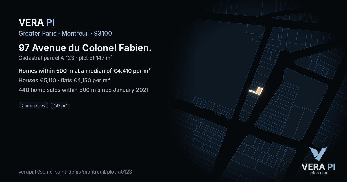 97 Avenue du Colonel Fabien, Montreuil at night – the plot lit, the parcels around coloured by the prices near them