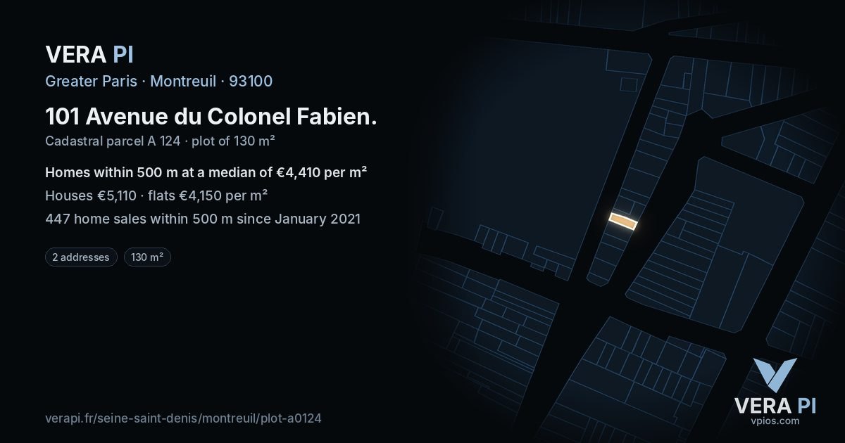 101 Avenue du Colonel Fabien, Montreuil at night – the plot lit, the parcels around coloured by the prices near them