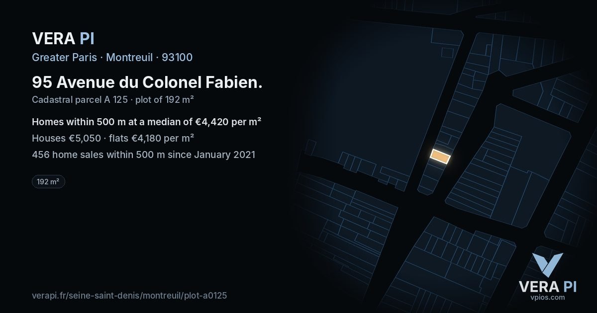 95 Avenue du Colonel Fabien, Montreuil at night – the plot lit, the parcels around coloured by the prices near them