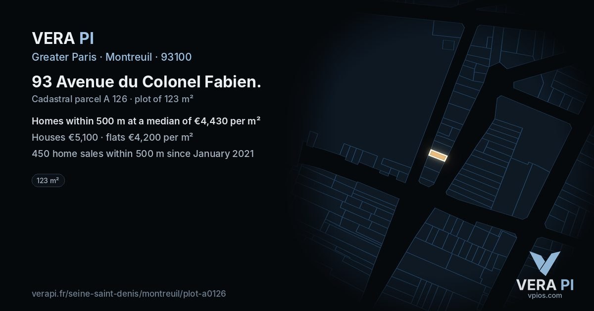 93 Avenue du Colonel Fabien, Montreuil at night – the plot lit, the parcels around coloured by the prices near them