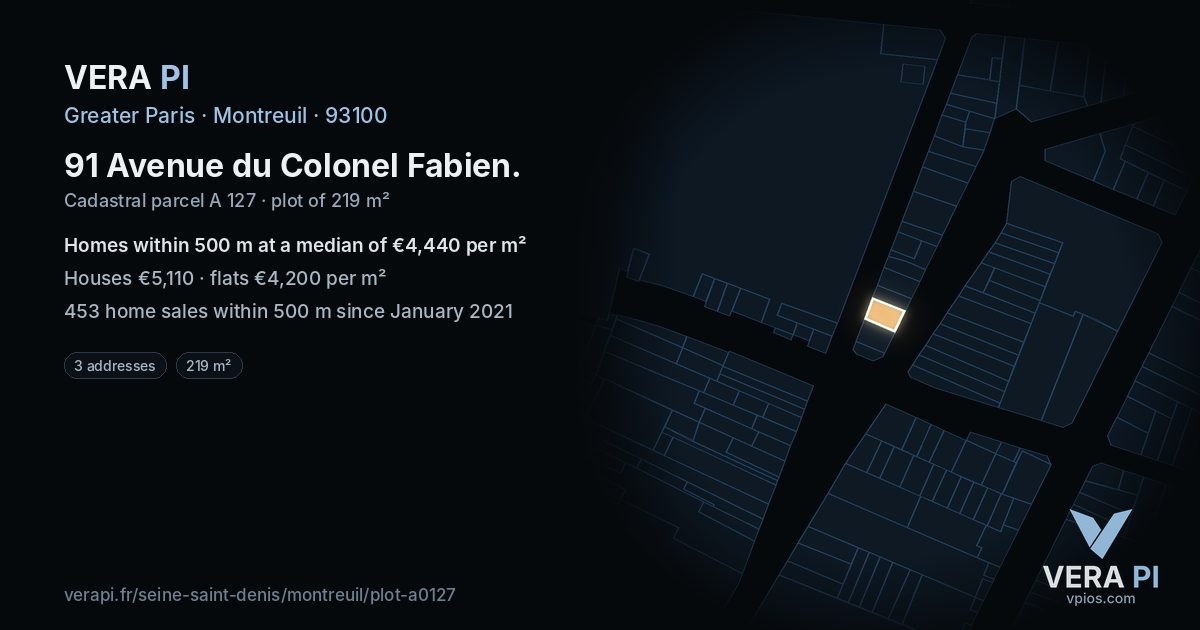 91 Avenue du Colonel Fabien, Montreuil at night – the plot lit, the parcels around coloured by the prices near them