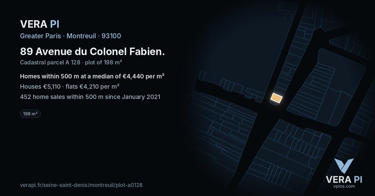 89 Avenue du Colonel Fabien, Montreuil at night – the plot lit, the parcels around coloured by the prices near them