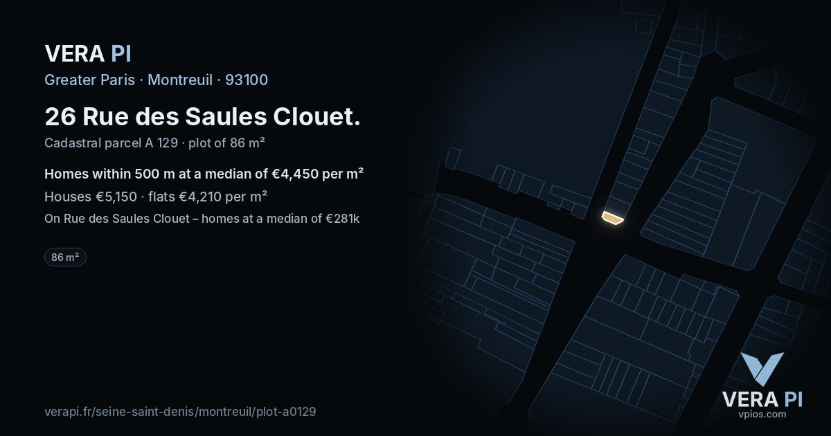 26 Rue des Saules Clouet, Montreuil at night – the plot lit, the parcels around coloured by the prices near them