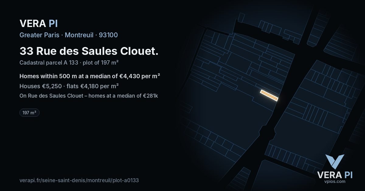 33 Rue des Saules Clouet, Montreuil at night – the plot lit, the parcels around coloured by the prices near them