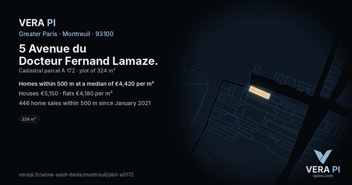 5 Avenue du Docteur Fernand Lamaze, Montreuil at night – the plot lit, the parcels around coloured by the prices near them