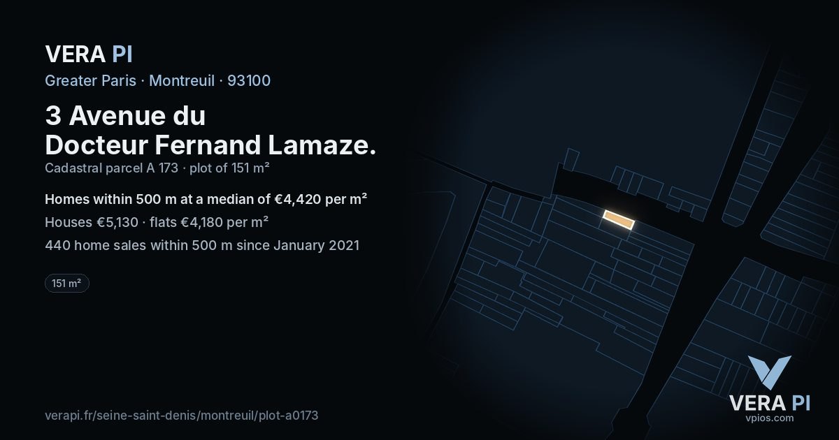 3 Avenue du Docteur Fernand Lamaze, Montreuil at night – the plot lit, the parcels around coloured by the prices near them