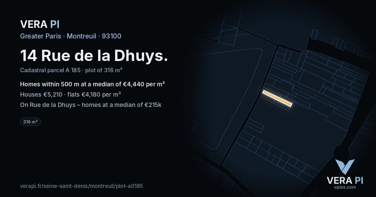 14 Rue de la Dhuys, Montreuil at night – the plot lit, the parcels around coloured by the prices near them
