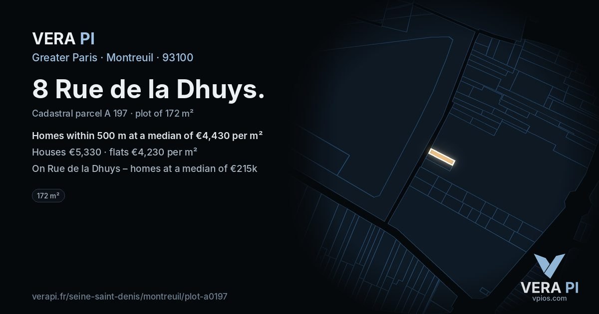 8 Rue de la Dhuys, Montreuil at night – the plot lit, the parcels around coloured by the prices near them