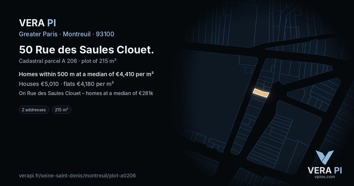 50 Rue des Saules Clouet, Montreuil at night – the plot lit, the parcels around coloured by the prices near them