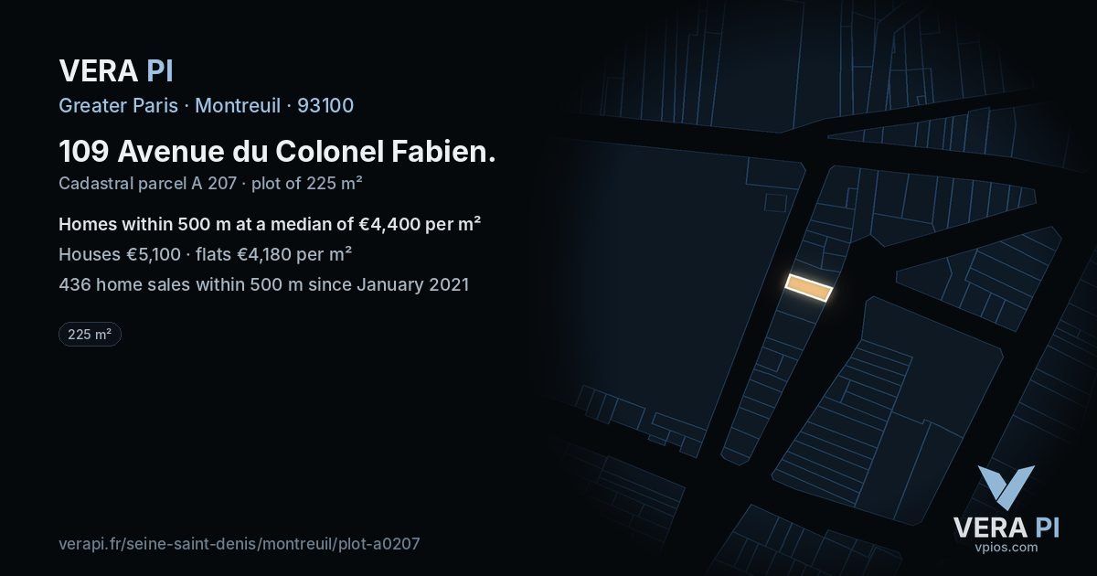 109 Avenue du Colonel Fabien, Montreuil at night – the plot lit, the parcels around coloured by the prices near them