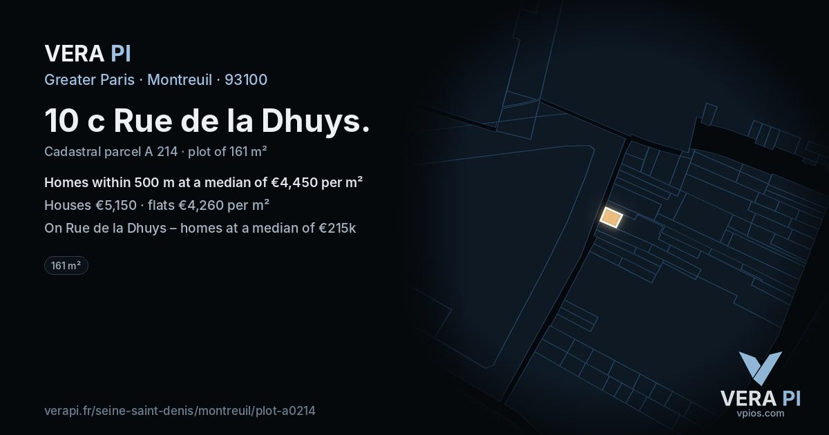 10 c Rue de la Dhuys, Montreuil at night – the plot lit, the parcels around coloured by the prices near them