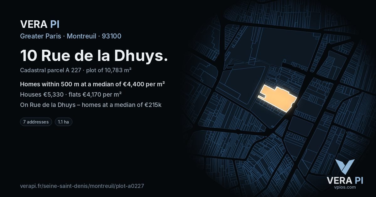 10 Rue de la Dhuys, Montreuil at night – the plot lit, the parcels around coloured by the prices near them