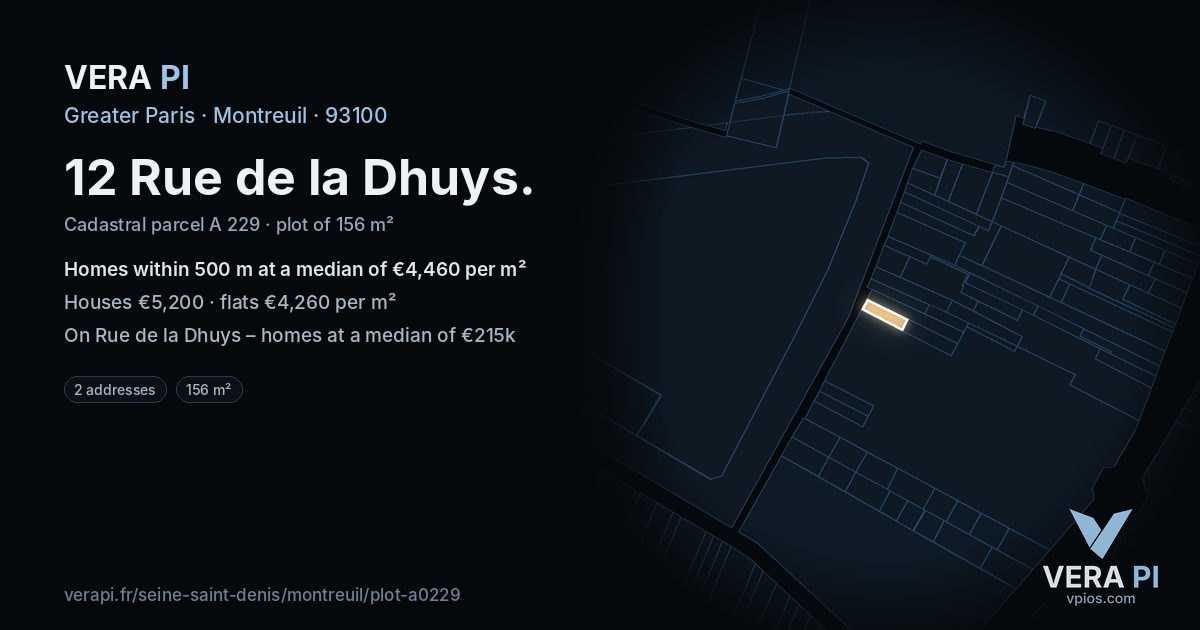 12 Rue de la Dhuys, Montreuil at night – the plot lit, the parcels around coloured by the prices near them