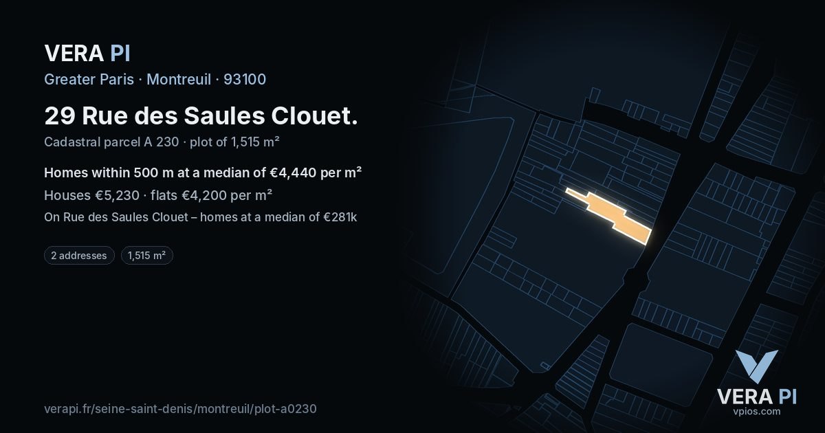 29 Rue des Saules Clouet, Montreuil at night – the plot lit, the parcels around coloured by the prices near them