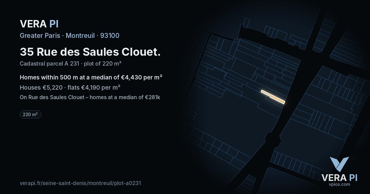 35 Rue des Saules Clouet, Montreuil at night – the plot lit, the parcels around coloured by the prices near them