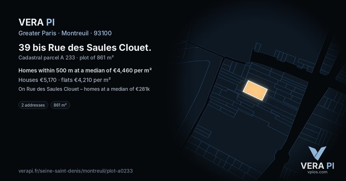 39 bis Rue des Saules Clouet, Montreuil at night – the plot lit, the parcels around coloured by the prices near them