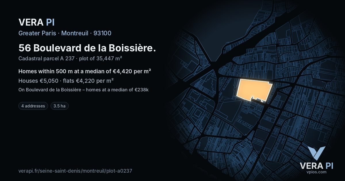 56 Boulevard de la Boissière, Montreuil at night – the plot lit, the parcels around coloured by the prices near them