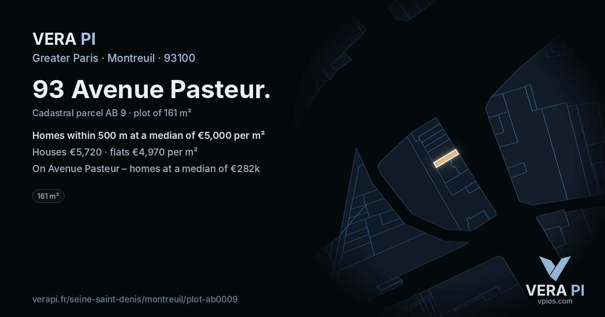 93 Avenue Pasteur, Montreuil at night – the plot lit, the parcels around coloured by the prices near them