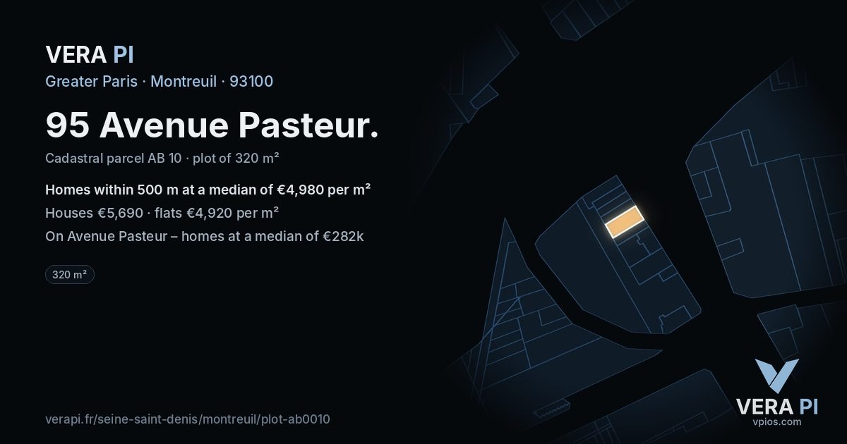 95 Avenue Pasteur, Montreuil at night – the plot lit, the parcels around coloured by the prices near them