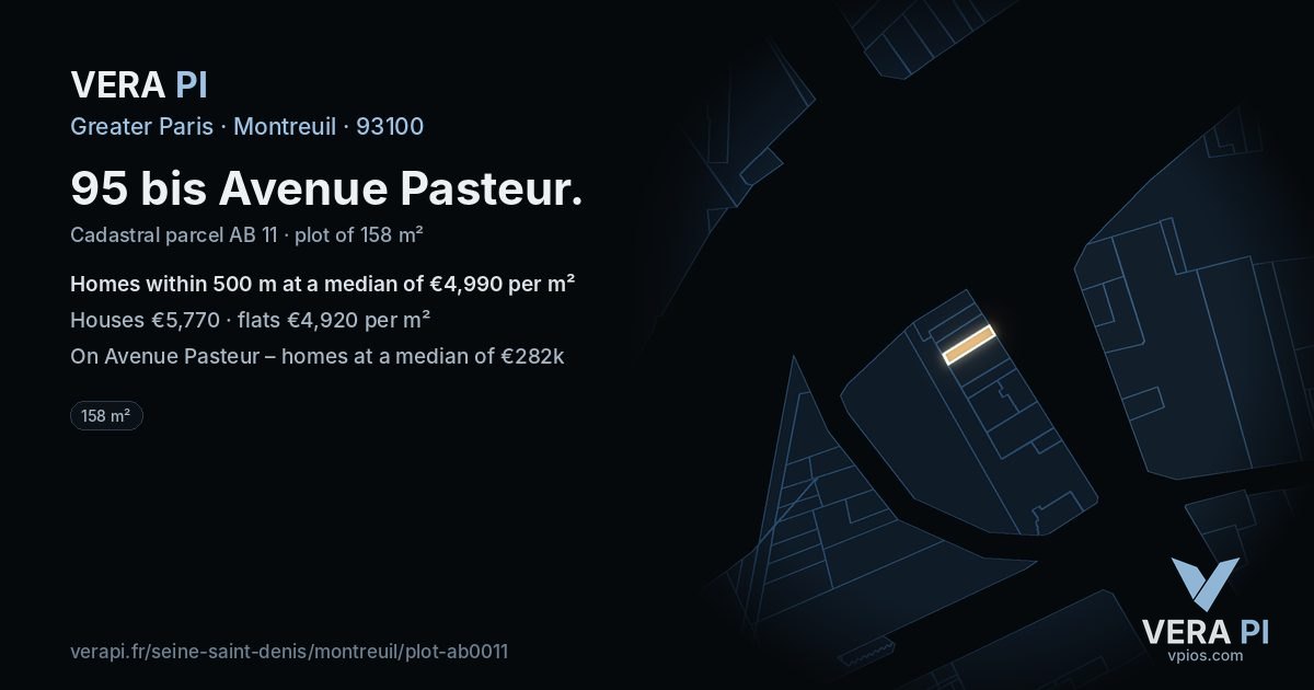 95 bis Avenue Pasteur, Montreuil at night – the plot lit, the parcels around coloured by the prices near them