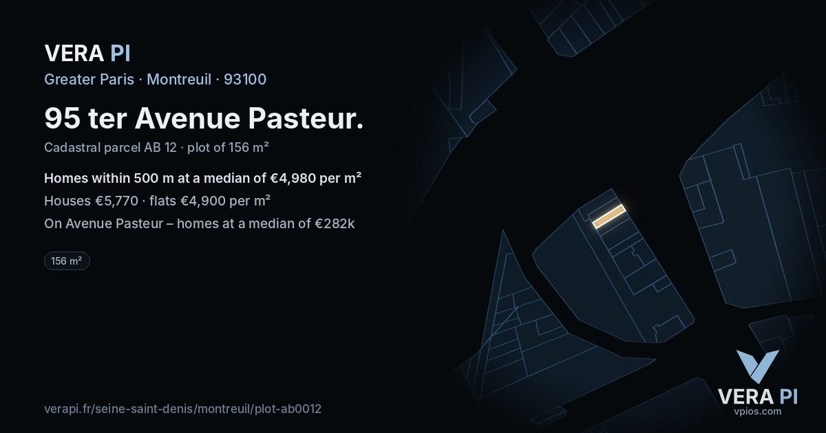 95 ter Avenue Pasteur, Montreuil at night – the plot lit, the parcels around coloured by the prices near them