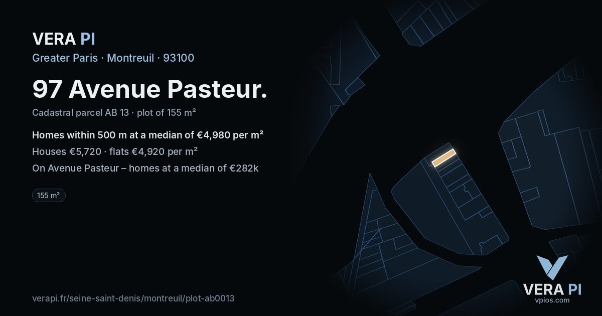 97 Avenue Pasteur, Montreuil at night – the plot lit, the parcels around coloured by the prices near them