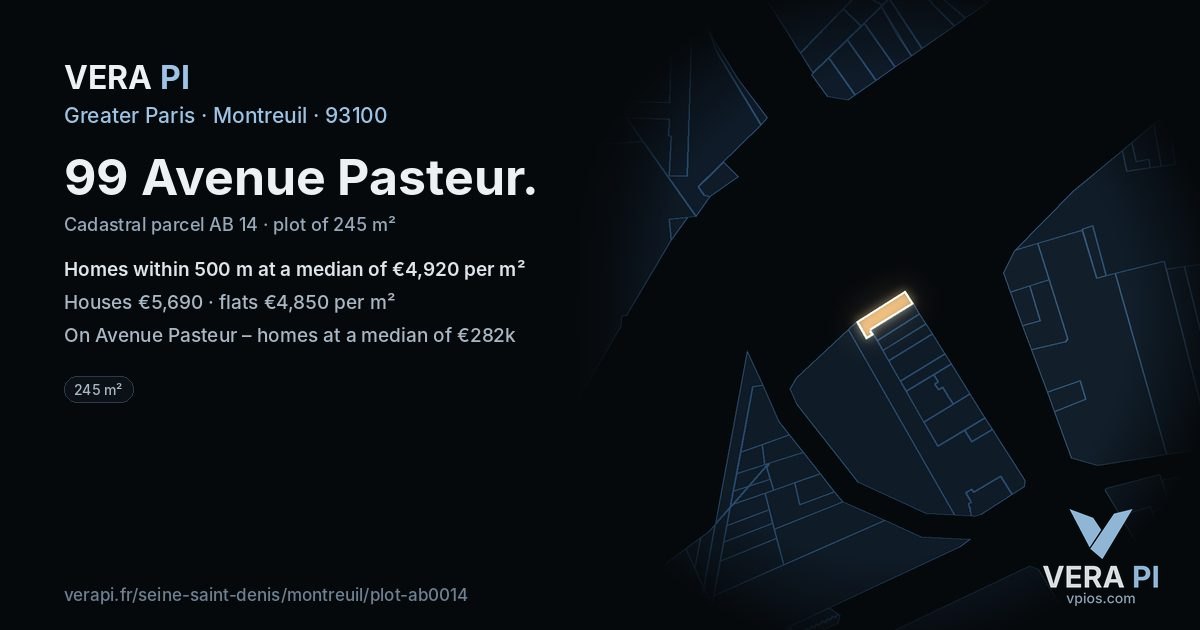 99 Avenue Pasteur, Montreuil at night – the plot lit, the parcels around coloured by the prices near them