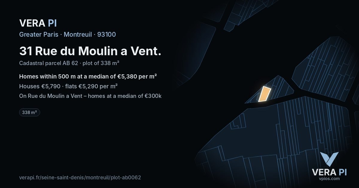 31 Rue du Moulin a Vent, Montreuil at night – the plot lit, the parcels around coloured by the prices near them