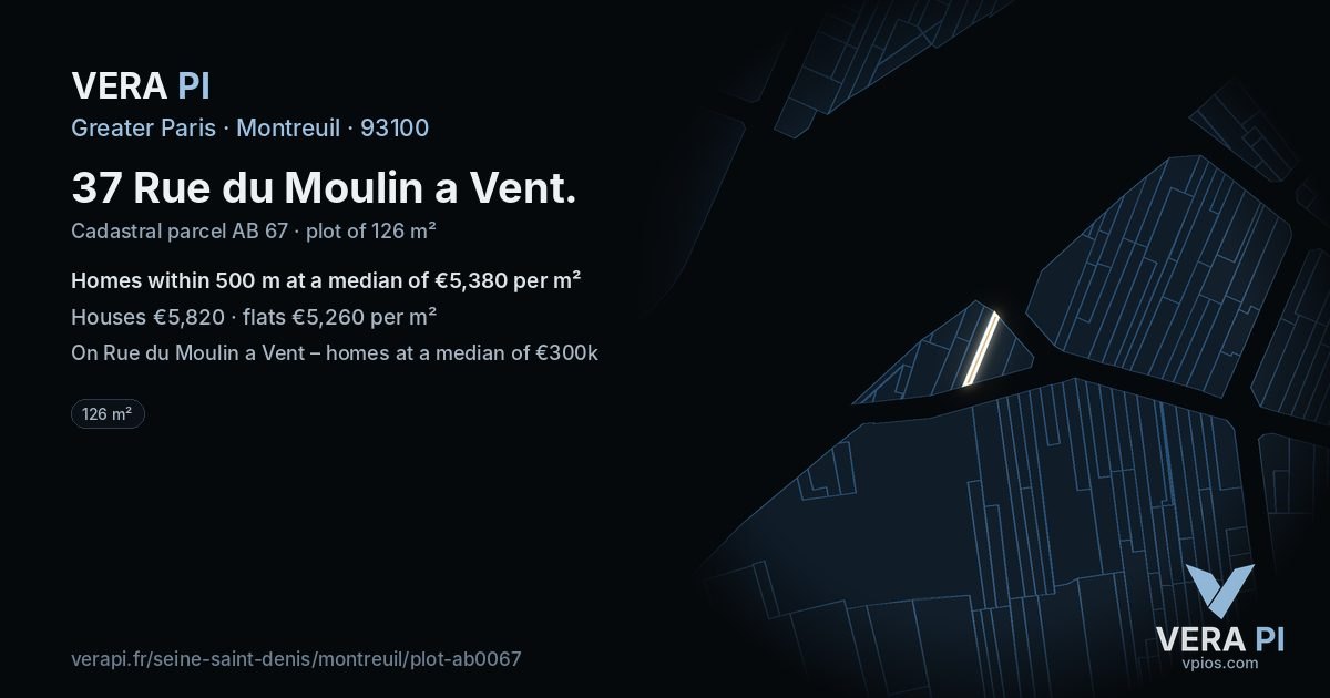 37 Rue du Moulin a Vent, Montreuil at night – the plot lit, the parcels around coloured by the prices near them