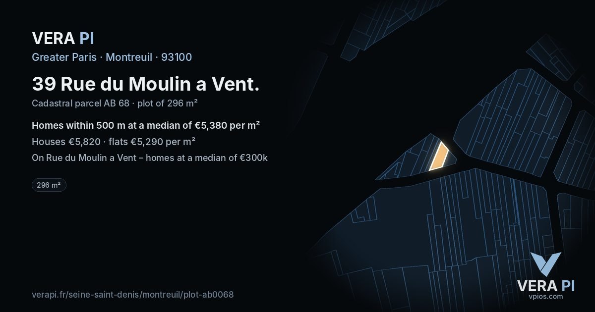39 Rue du Moulin a Vent, Montreuil at night – the plot lit, the parcels around coloured by the prices near them