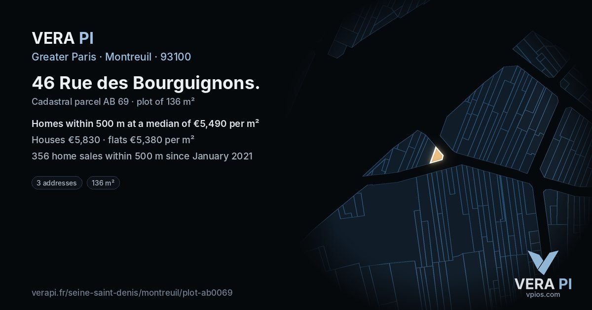 46 Rue des Bourguignons, Montreuil at night – the plot lit, the parcels around coloured by the prices near them
