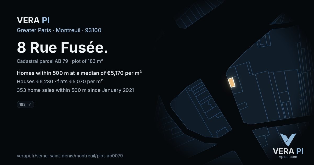 8 Rue Fusée, Montreuil at night – the plot lit, the parcels around coloured by the prices near them