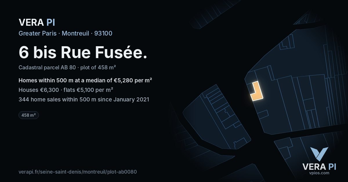 6 bis Rue Fusée, Montreuil at night – the plot lit, the parcels around coloured by the prices near them