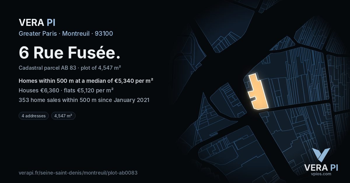 6 Rue Fusée, Montreuil at night – the plot lit, the parcels around coloured by the prices near them