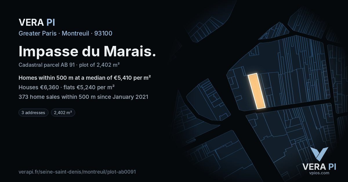 Impasse du Marais, Montreuil at night – the plot lit, the parcels around coloured by the prices near them
