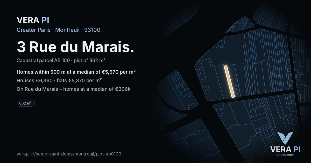 3 Rue du Marais, Montreuil at night – the plot lit, the parcels around coloured by the prices near them