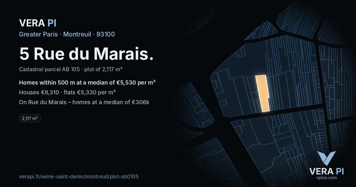 5 Rue du Marais, Montreuil at night – the plot lit, the parcels around coloured by the prices near them