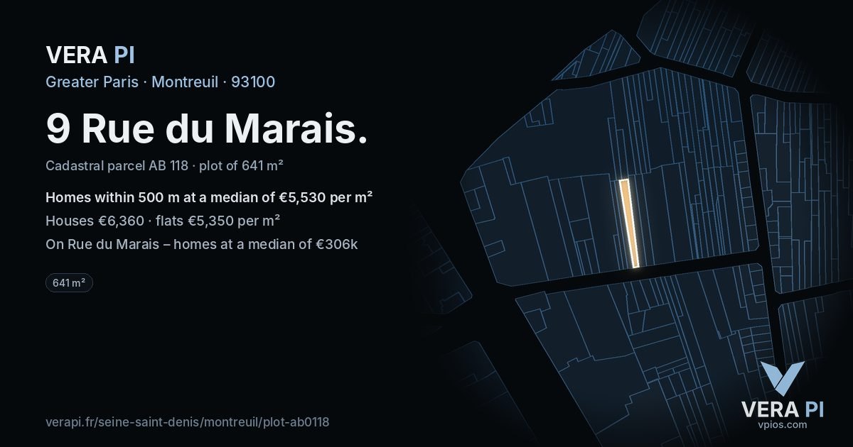 9 Rue du Marais, Montreuil at night – the plot lit, the parcels around coloured by the prices near them