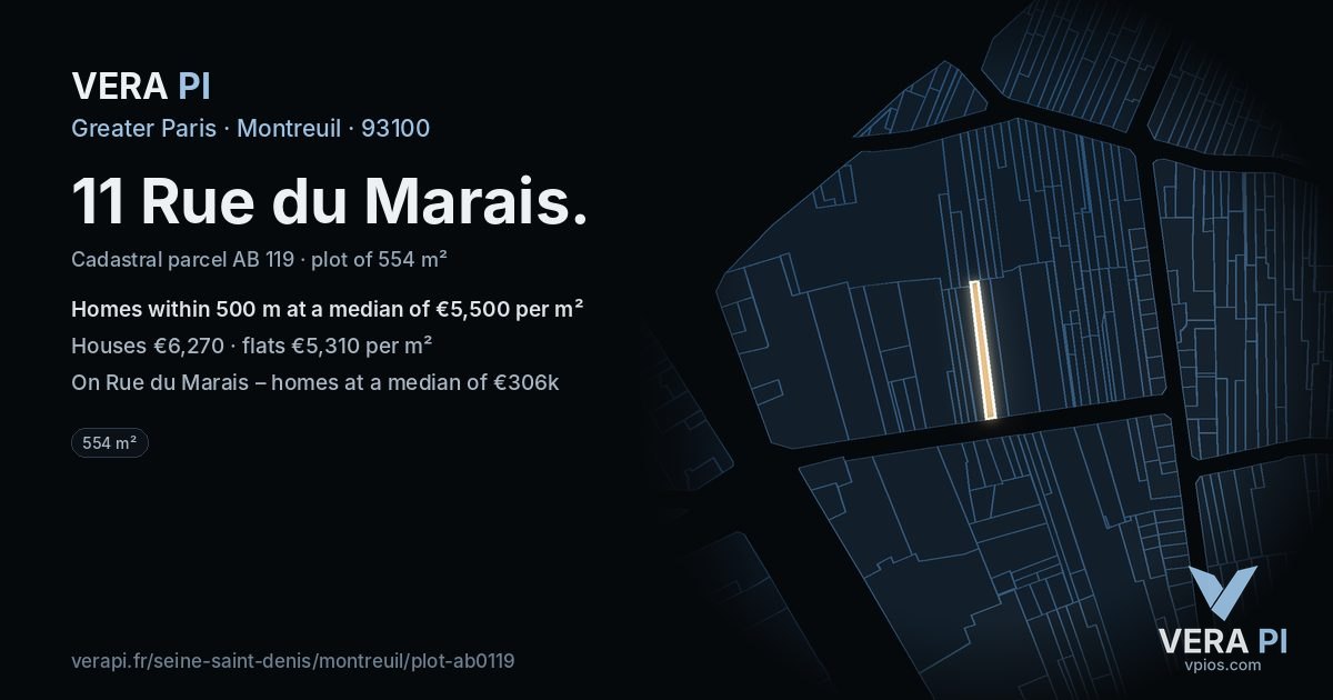 11 Rue du Marais, Montreuil at night – the plot lit, the parcels around coloured by the prices near them