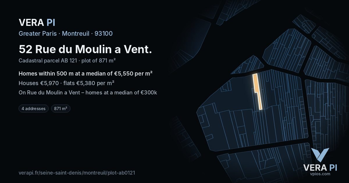 52 Rue du Moulin a Vent, Montreuil at night – the plot lit, the parcels around coloured by the prices near them