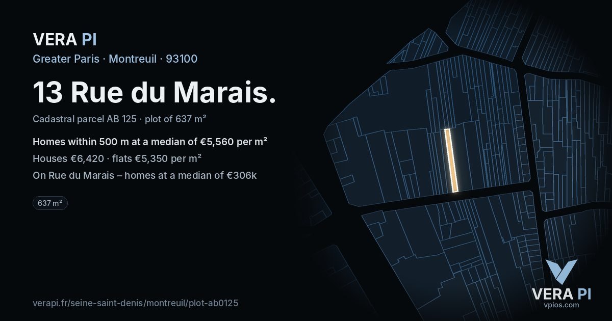 13 Rue du Marais, Montreuil at night – the plot lit, the parcels around coloured by the prices near them