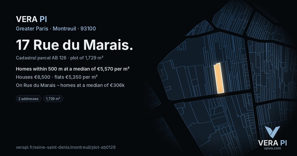 17 Rue du Marais, Montreuil at night – the plot lit, the parcels around coloured by the prices near them