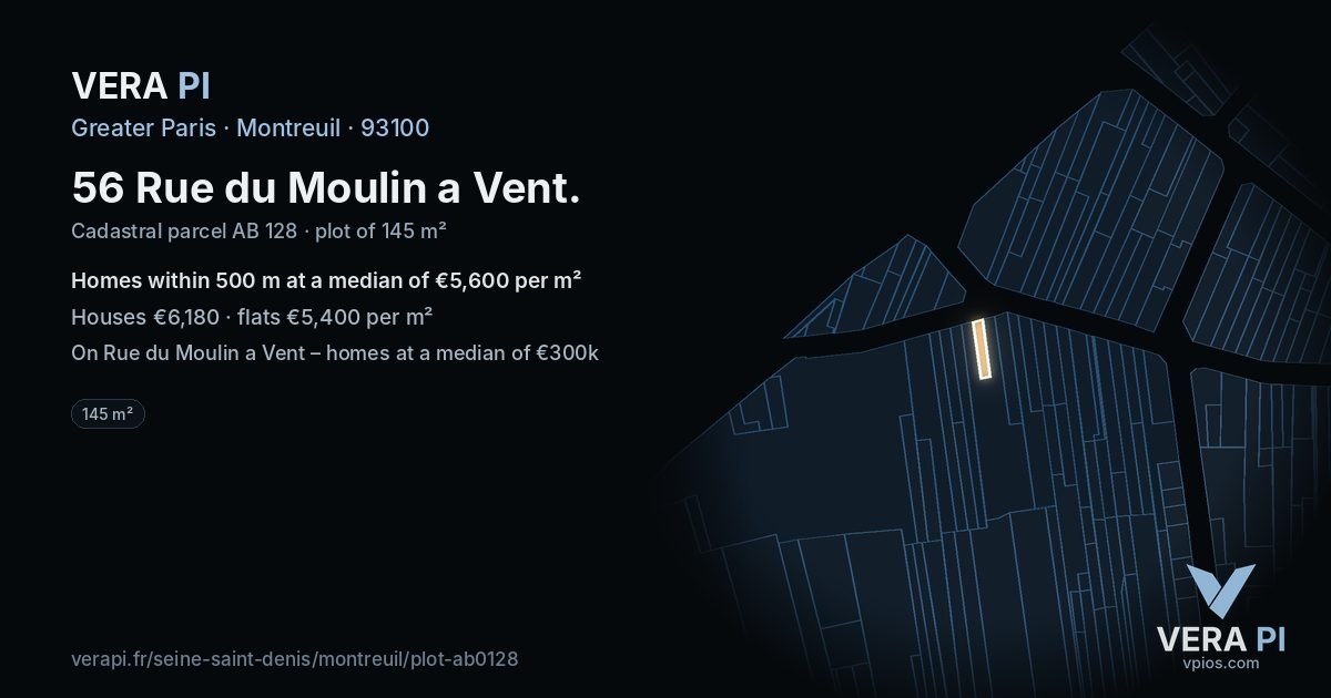 56 Rue du Moulin a Vent, Montreuil at night – the plot lit, the parcels around coloured by the prices near them