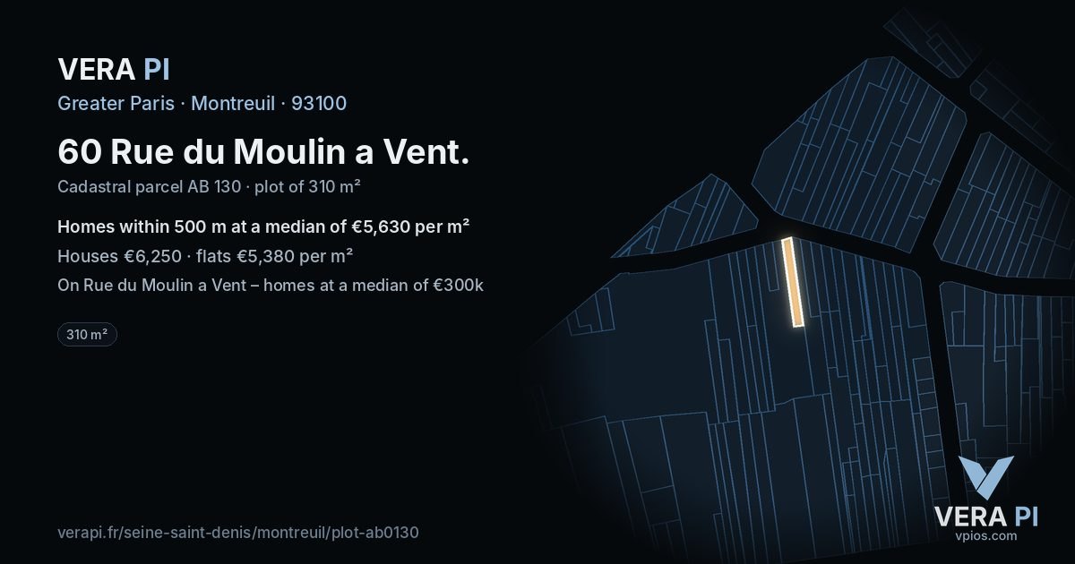 60 Rue du Moulin a Vent, Montreuil at night – the plot lit, the parcels around coloured by the prices near them