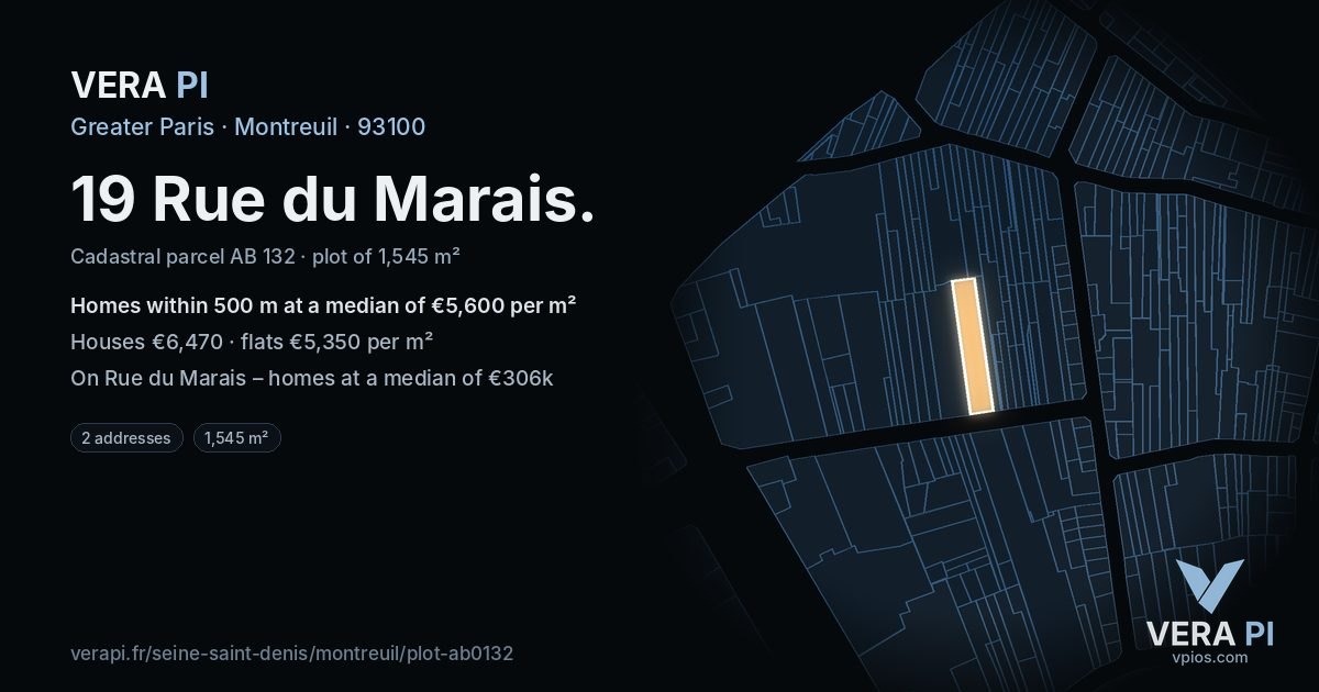 19 Rue du Marais, Montreuil at night – the plot lit, the parcels around coloured by the prices near them