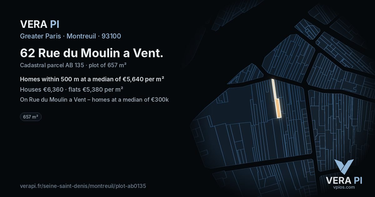 62 Rue du Moulin a Vent, Montreuil at night – the plot lit, the parcels around coloured by the prices near them