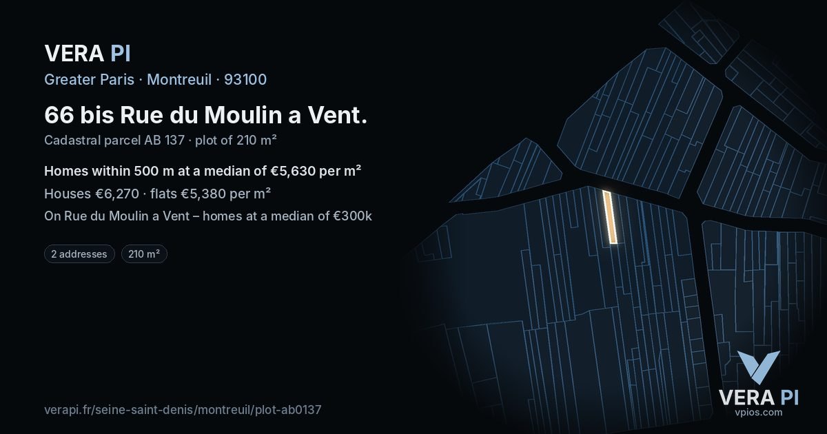 66 bis Rue du Moulin a Vent, Montreuil at night – the plot lit, the parcels around coloured by the prices near them