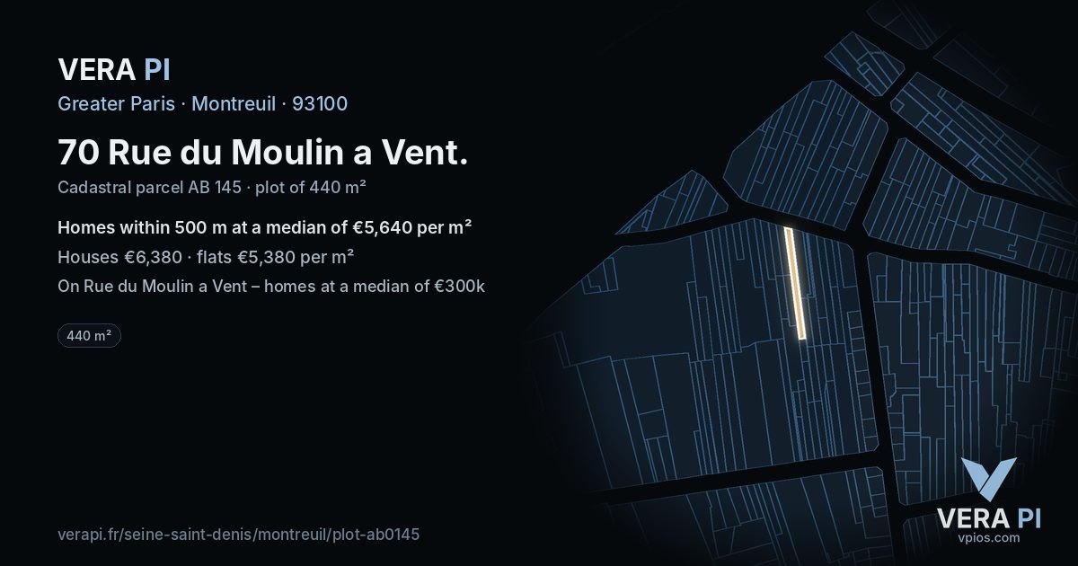 70 Rue du Moulin a Vent, Montreuil at night – the plot lit, the parcels around coloured by the prices near them