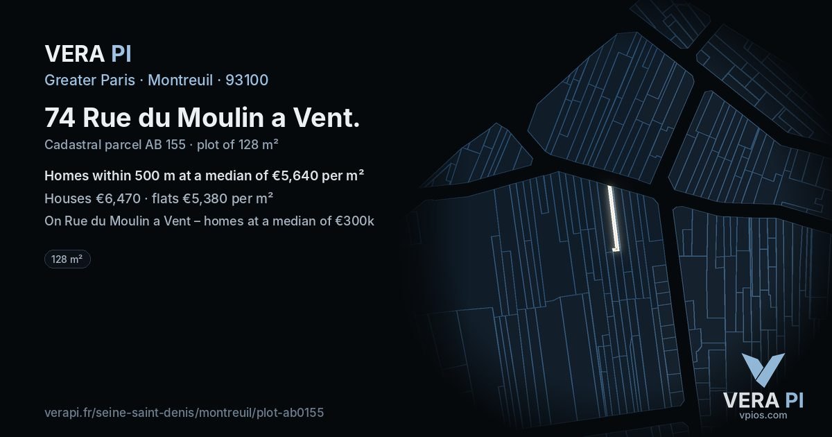 74 Rue du Moulin a Vent, Montreuil at night – the plot lit, the parcels around coloured by the prices near them