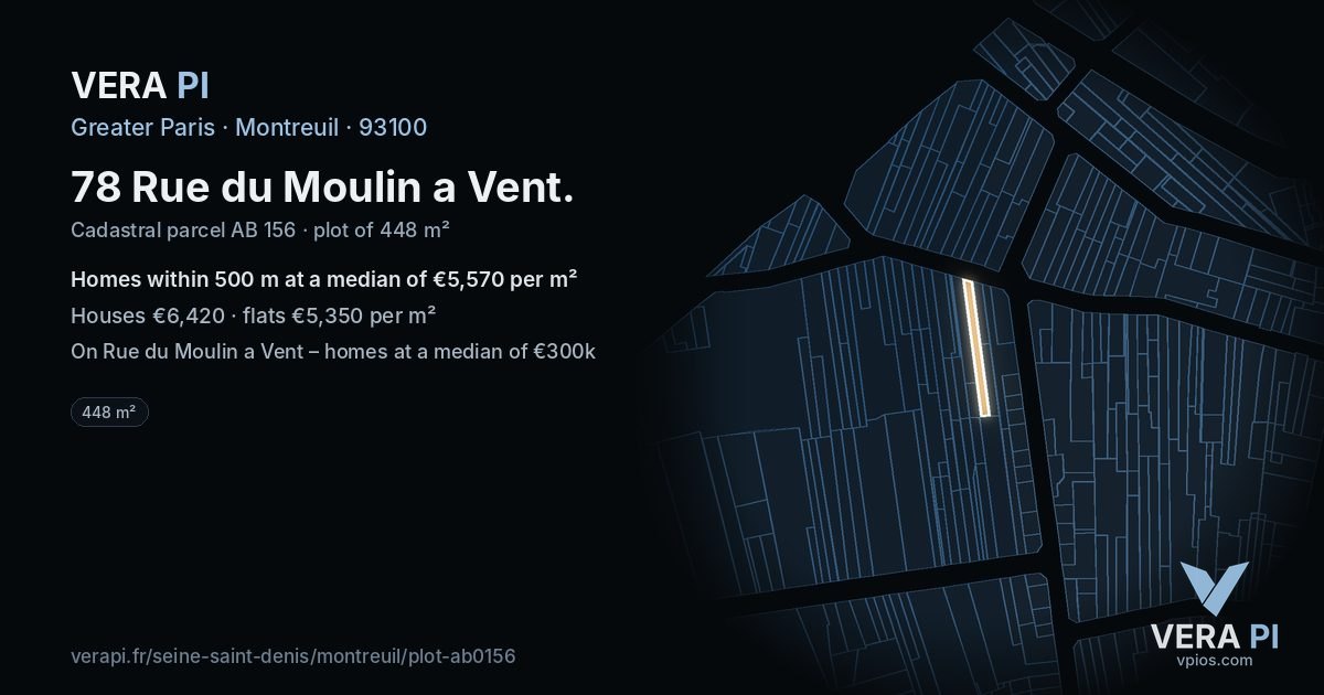78 Rue du Moulin a Vent, Montreuil at night – the plot lit, the parcels around coloured by the prices near them